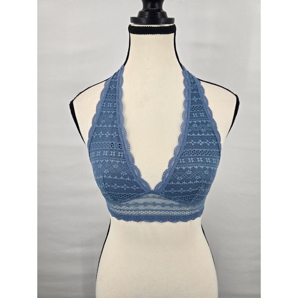 Victoria's Secret Blue Floral Lace Halter Bralette XS Hook Eye Closure Intimates
